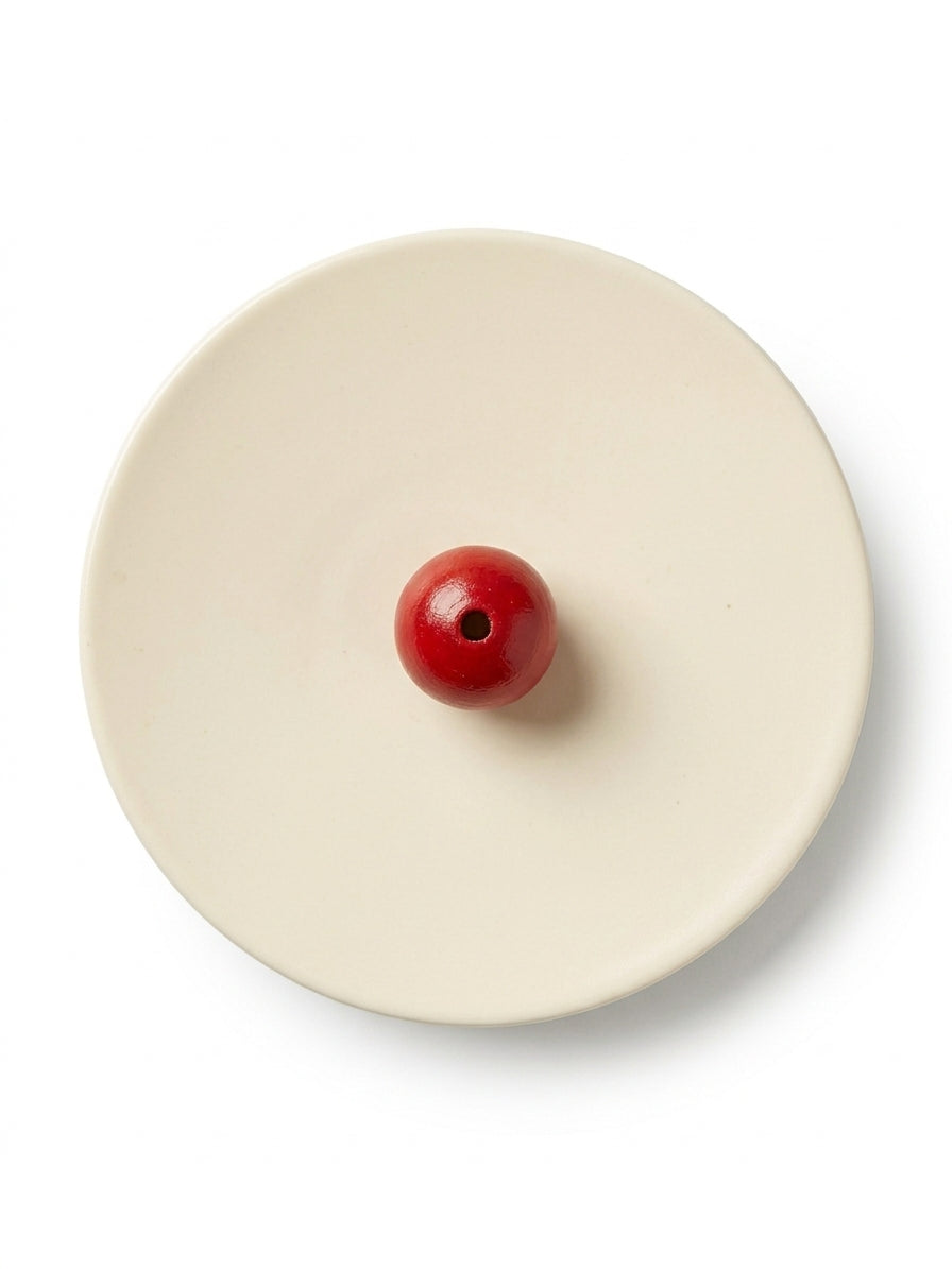 Portaincienso space age con esfera roja y base de plástico beige, vista general