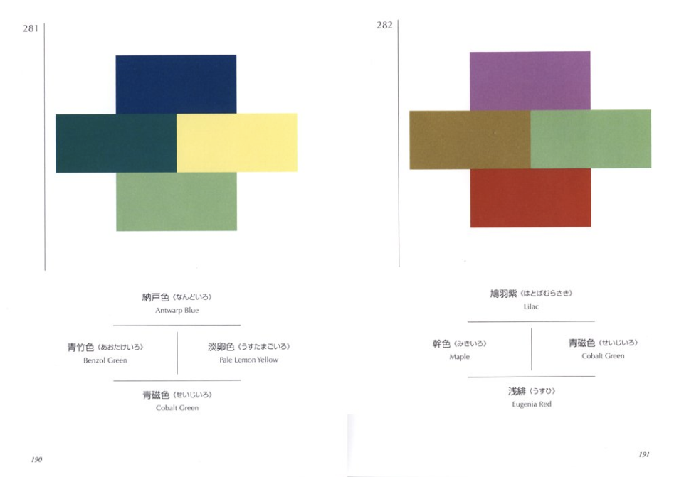 Vintage Japanese color theory charts showcasing harmonious color schemes for branding projects, pages 281-282.